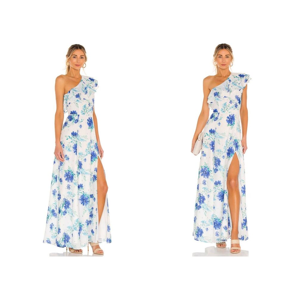 Yumi Kim Karen One Shoulder Floral Maxi Dress in White/Blue Size 2